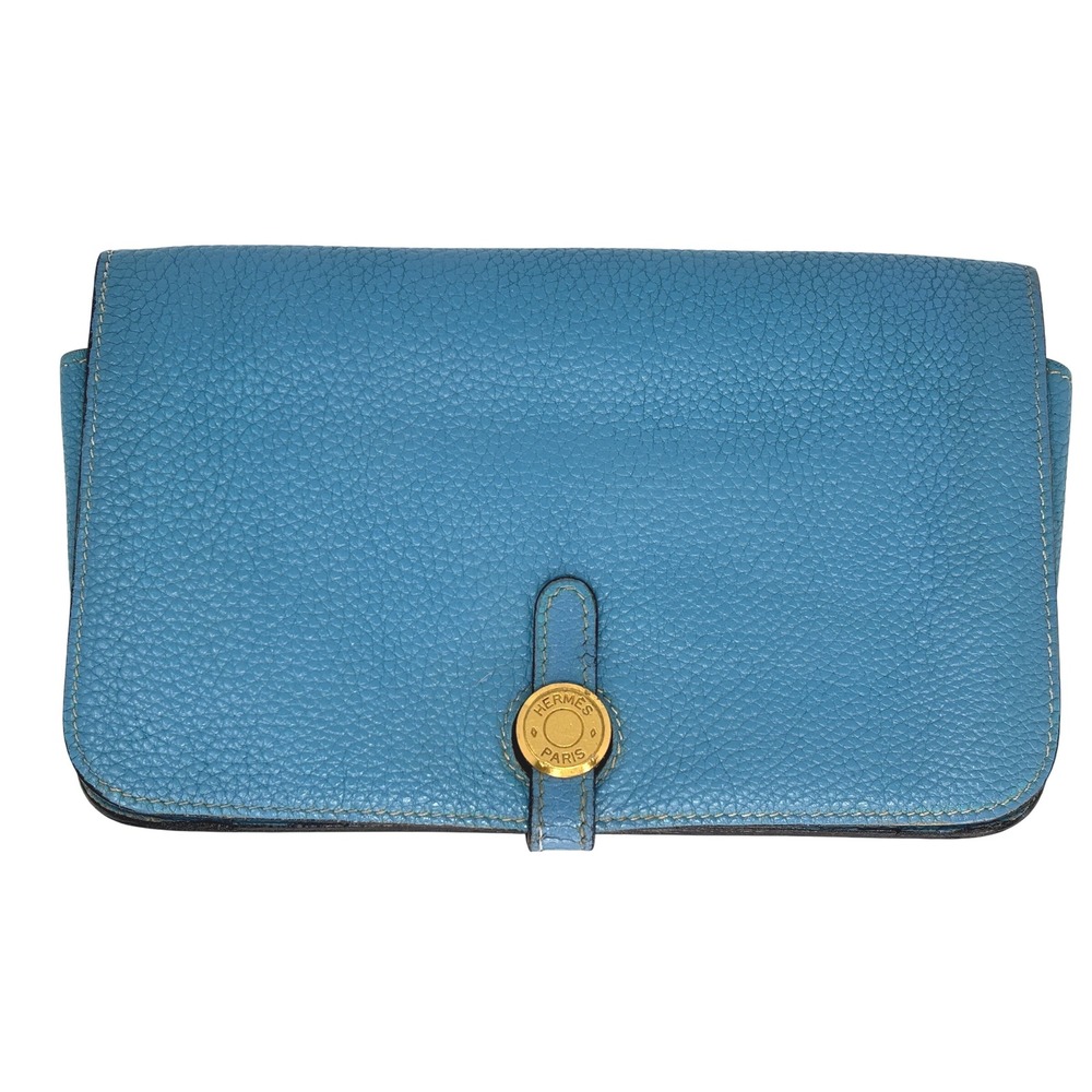 Luxury Authentic Travel Vintage Hermes Bleu Leather Classic Wallet Gold Hardware